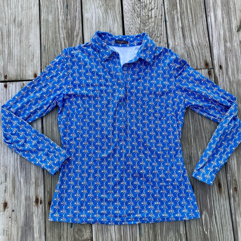 J. McLaughlin EUC Catalina Cloth Blue/Yellow Pineapple Button Popover Shirt Sz S - Picture 7 of 16